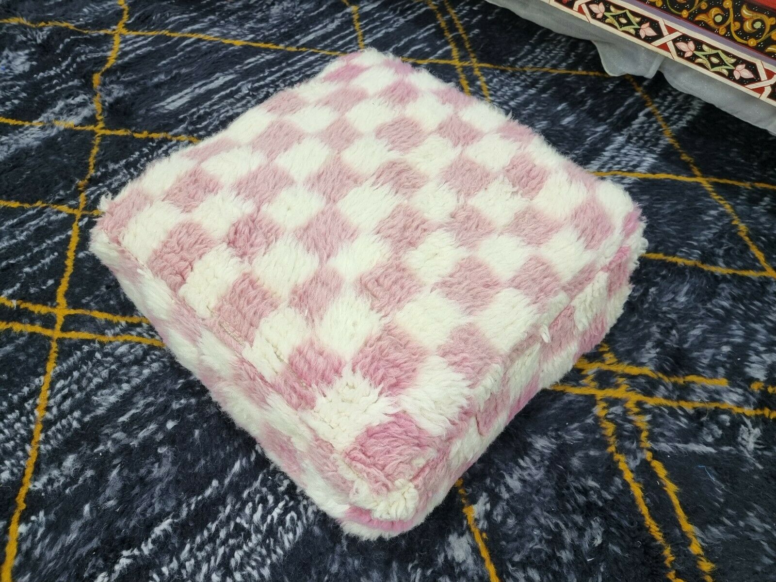 Checkered Pink & White Berber Wool Pouf