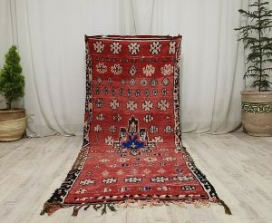 FILUR- Red Floral Handmade Vintage Moroccan Rug