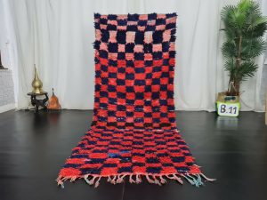 RENAS- Checker Vintage Berber Wool Red Blue Rug
