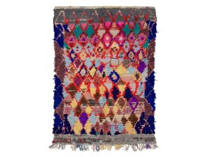 TAMALAT- Geometric Vintage Red Blue Boucherouite 4x6 Rug